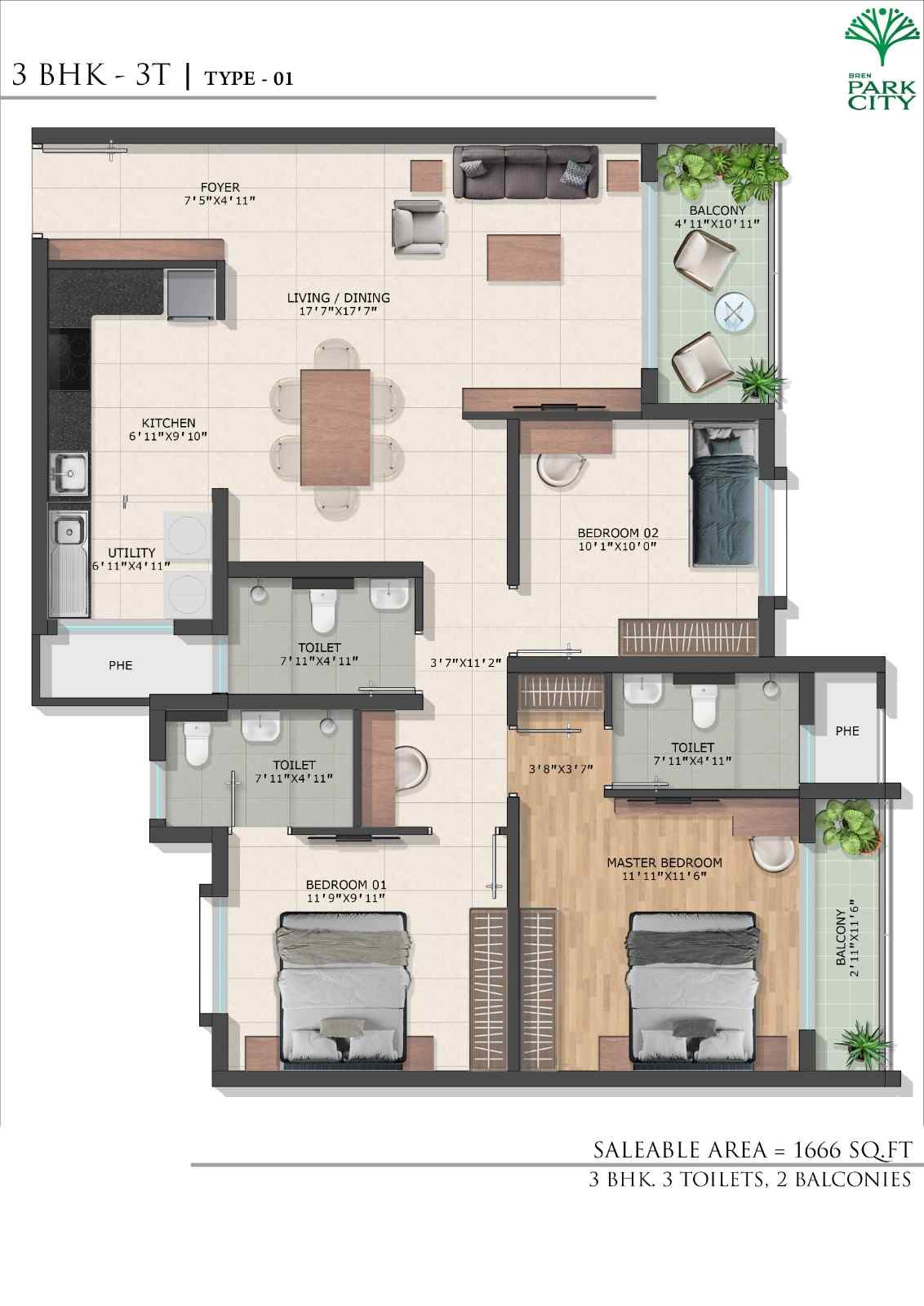 3 BHK - 1666 Sq. Ft. Floor Plan